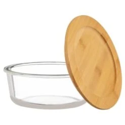 B&M Round Glass Food Containers With Bamboo Lid 2pk -Chic Household Items 376822 2 round glass food containers