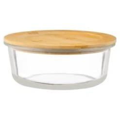 B&M Round Glass Food Containers With Bamboo Lid 2pk -Chic Household Items 376822 2 round glass food containers 4