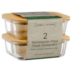 B&M Rectangular Glass Food Containers With Bamboo Lids 2pk -Chic Household Items 376824 2pk regular glass food containers1