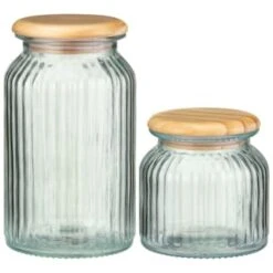 B&M Large Ribbed Glass Jar With Wooden Lid -Chic Household Items 394426 394427 ribbed glass jar with wooden lid group