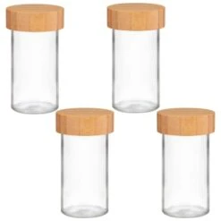 B&M Set Of 4 Glass Spice Jars With Bamboo Wood Base -Chic Household Items 394437 set of 4 glass spice jars with bamboo wood lid and base group