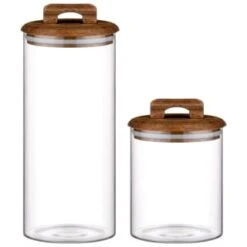 B&M Small Glass Jar With Acacia Wood Lid -Chic Household Items 394438 394439 glass canister with acacia wood group